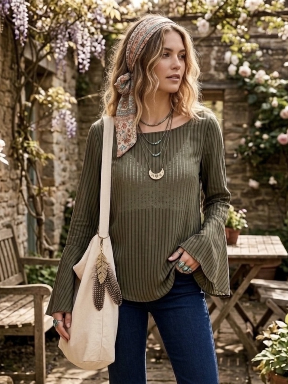 Cloth & Stone Striped Olive Long Sleeve Blouse Bell Sleeves Size Medium